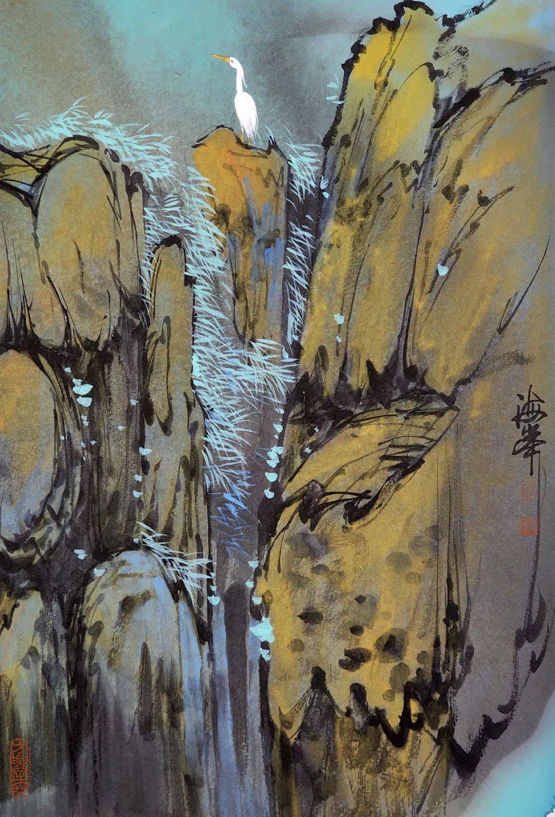 傲立（45x68cm）倚松观瀑（66x66cm）双鹭倚溪（45x68cm）鸣聚（46x68cm）自繇