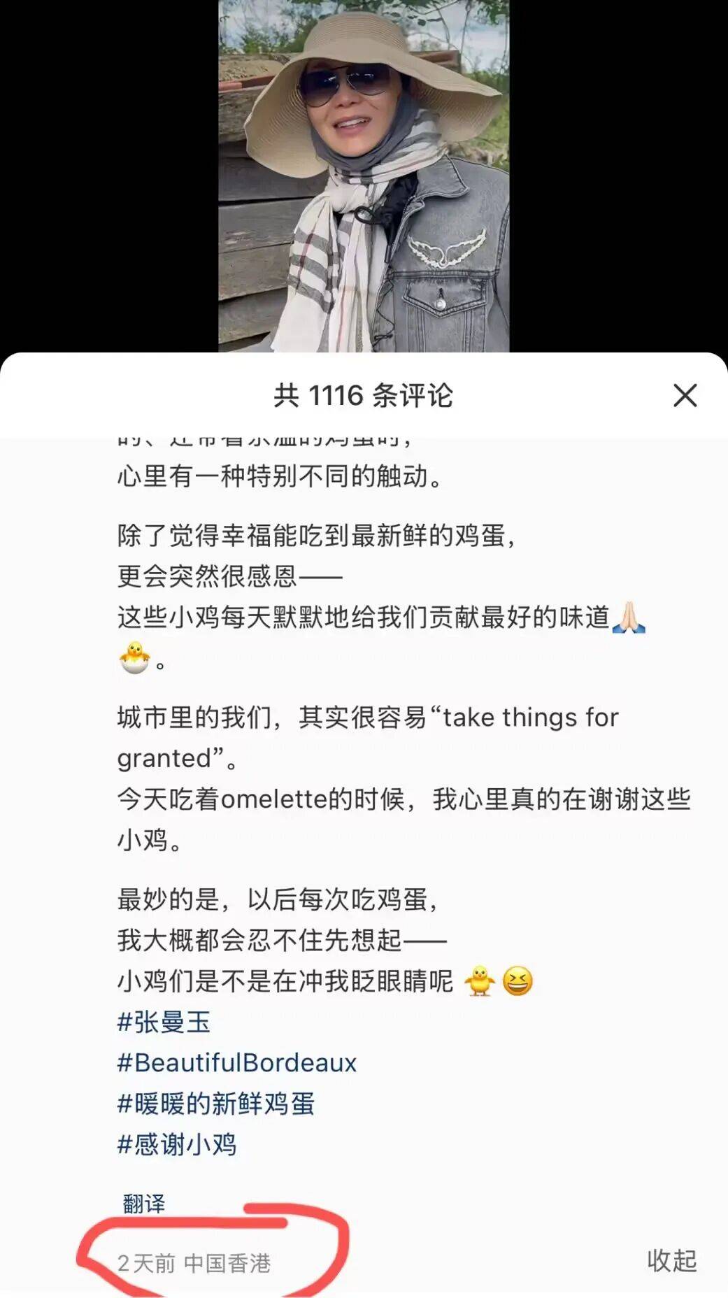 张曼玉并未定居法国农村，IP显示仍在中国香港，法国掏鸡蛋视频系去年旅游时拍摄
