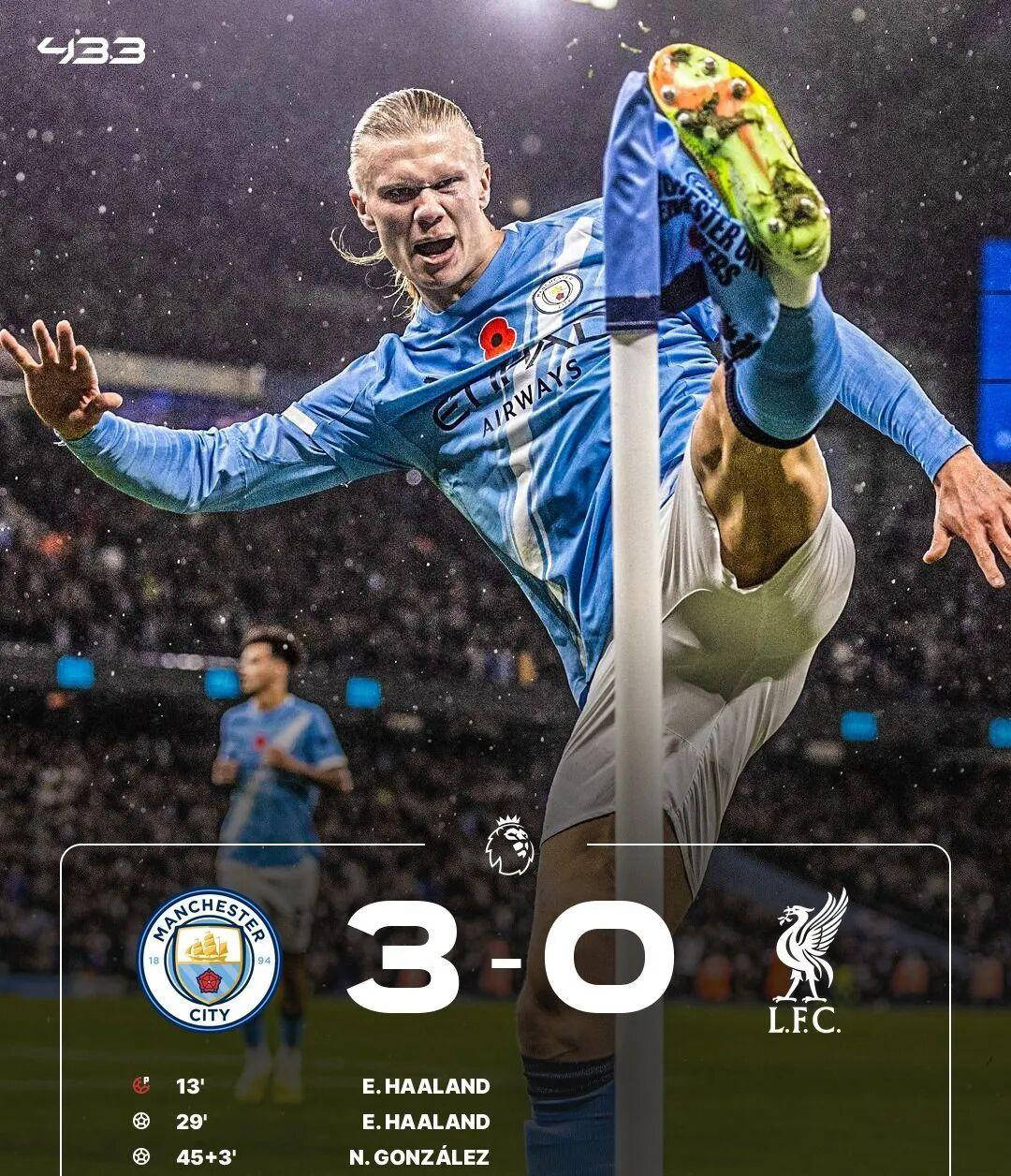 英格兰足球超级联赛曼城豪取四连胜！多库闪耀4-0横扫利物浦