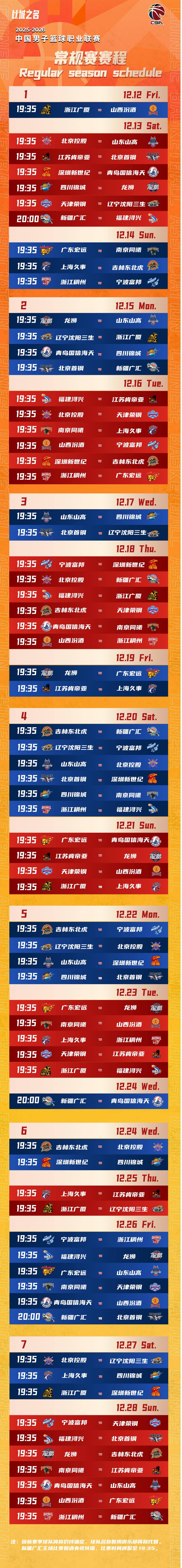 2025-2026赛季CBA赛程：12月12日开赛 常规赛42轮