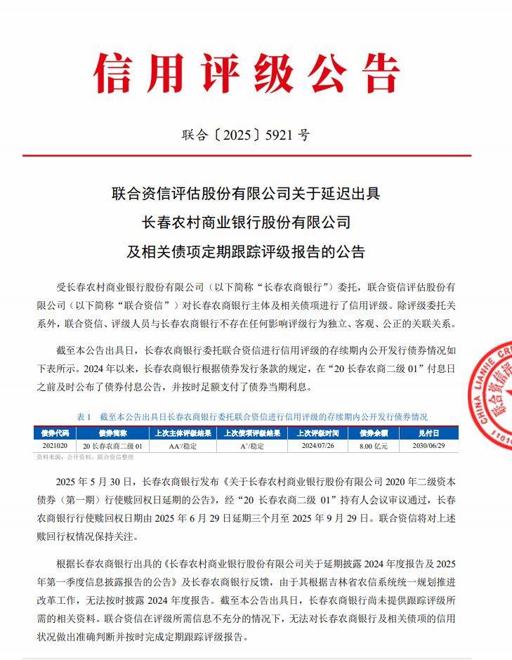 联合资信延迟出具长春农商银行及相关债项定期跟踪评级报告