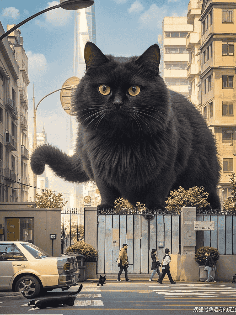 巨大的黑猫，和楼一样高