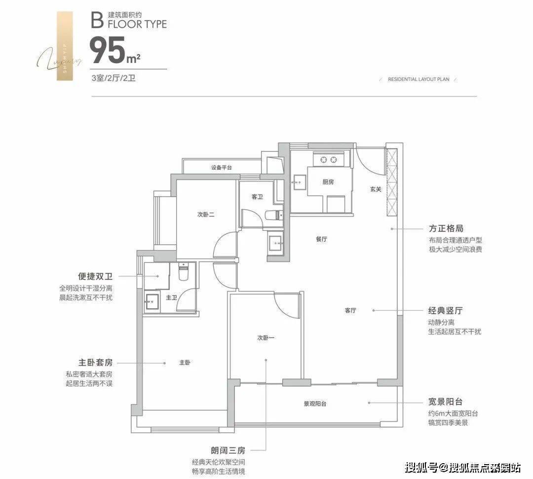 此外,建面約111㎡ 四房兩廳兩衛,採用橫廳設計,6.