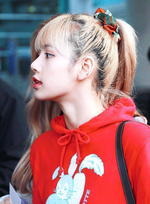 lisa戴的是一条印花丝质发圈,宽大的褶皱用来扎高马尾,包住蓬松的头发