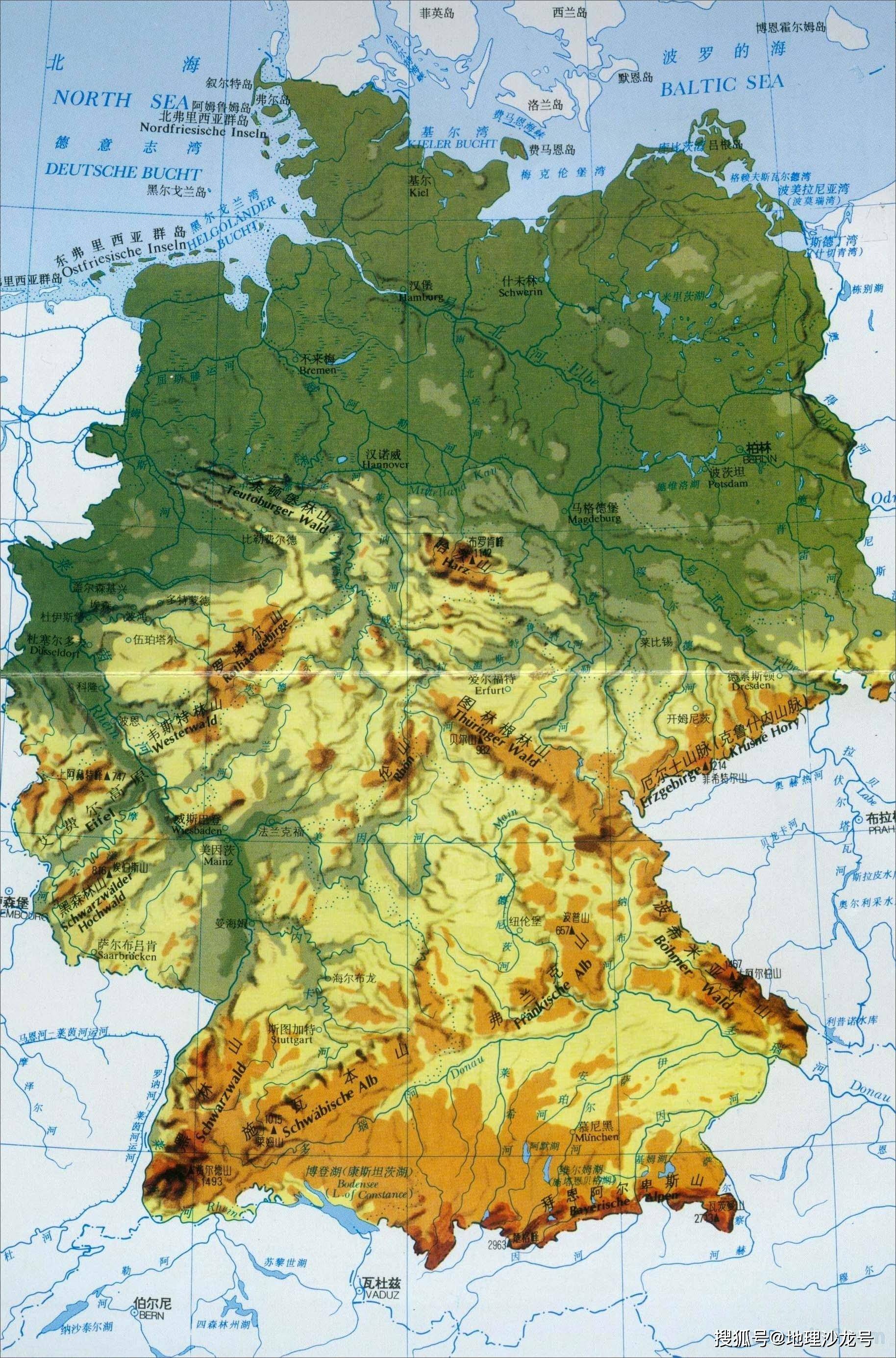 德国地形图德国位于亚欧大陆西部,北临北海和波罗的海,是一个沿海国家