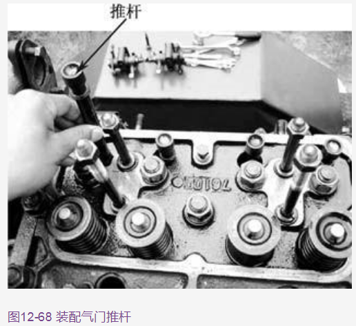 (4)汽缸盖固定螺母按技术要求扭紧后,再将气门挺杆内部清洁干净,涂上