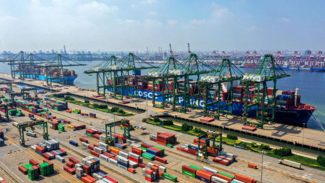 几天前,天津港集装箱公司码头10余个泊位靠满了集装箱船舶,码头边,地