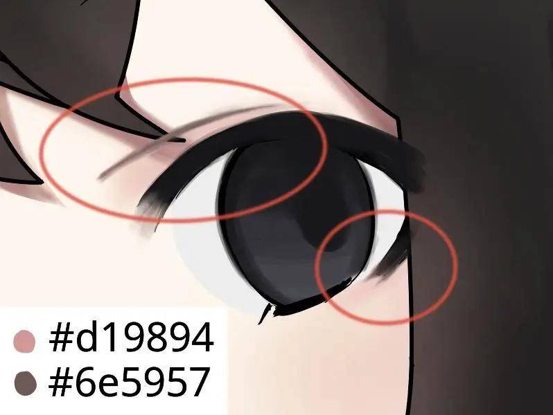 用橙色系的颜色使眼角,眼角侧的睫毛前端渐变,与周围融合.