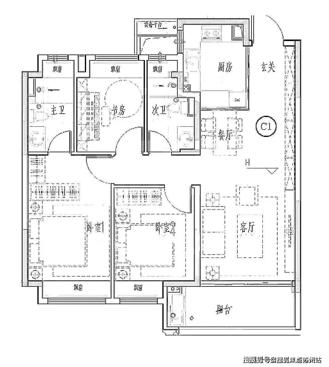 99平米的3房为市面常见的户型,三开间朝南,各个功能区的面积不算大,但