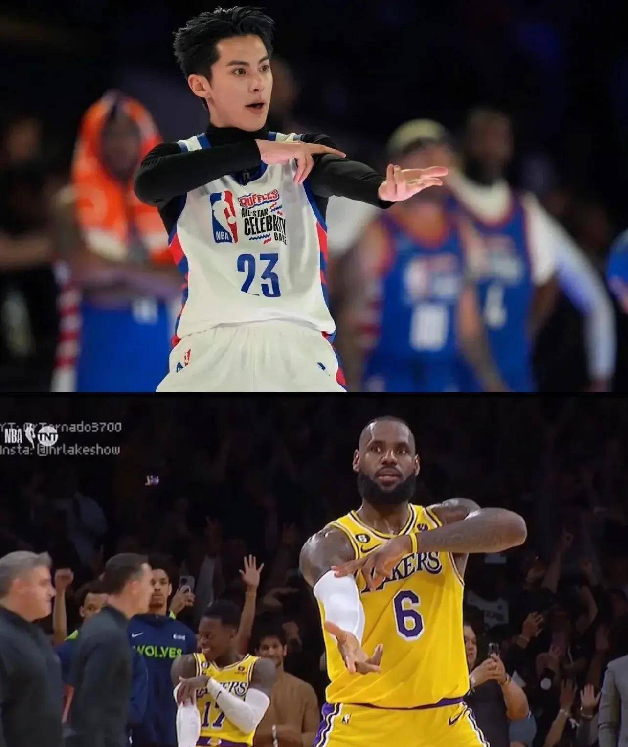 王鹤棣与偶像詹姆斯合影留念_球衣_签名_配文