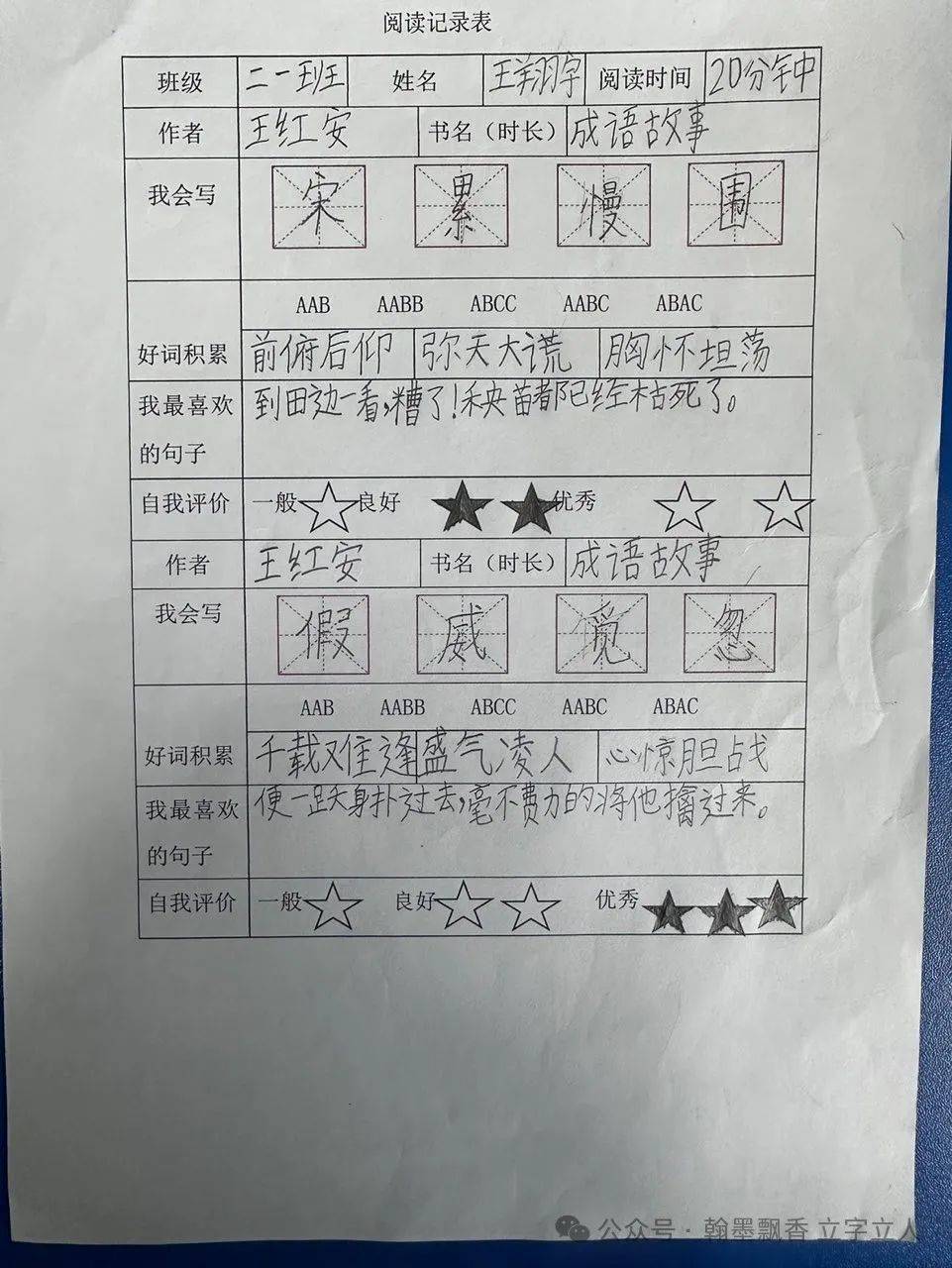 一二班课外阅读记录表各班语文老师利用阅读课开展此次活动.