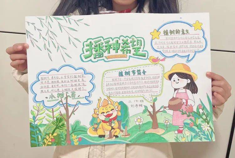 同学们用自己喜欢的方式亲近大自然,植树,浇花,培土,办手抄报,用实际