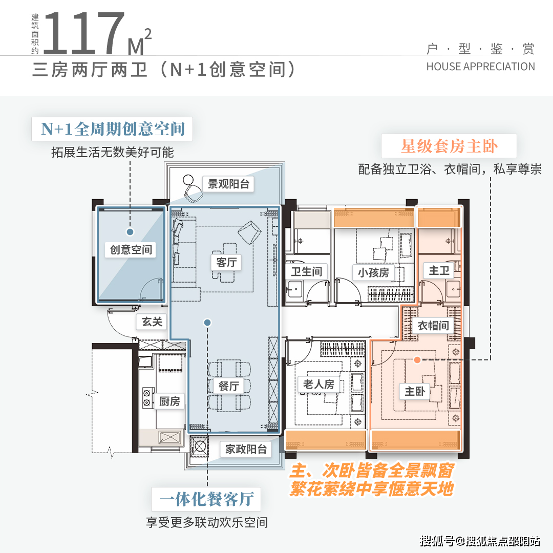 约95平户型创意展示而每个房间,全面采用大型全景飘窗,视野及实用性