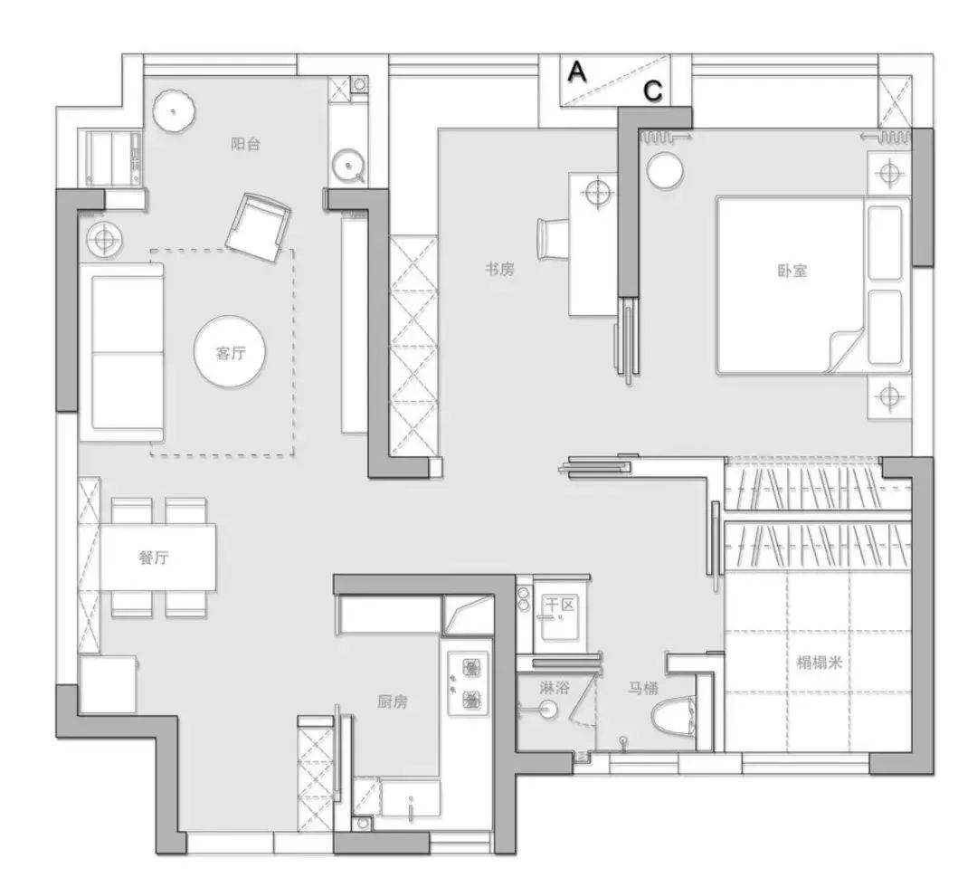 89㎡小三房,所有的房间都设计移门,房门一开蜗居变成大开间!