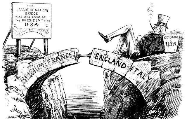 讽刺漫画:美国总统设计了国联却不加入整个二战前后,国际联盟基本没帮