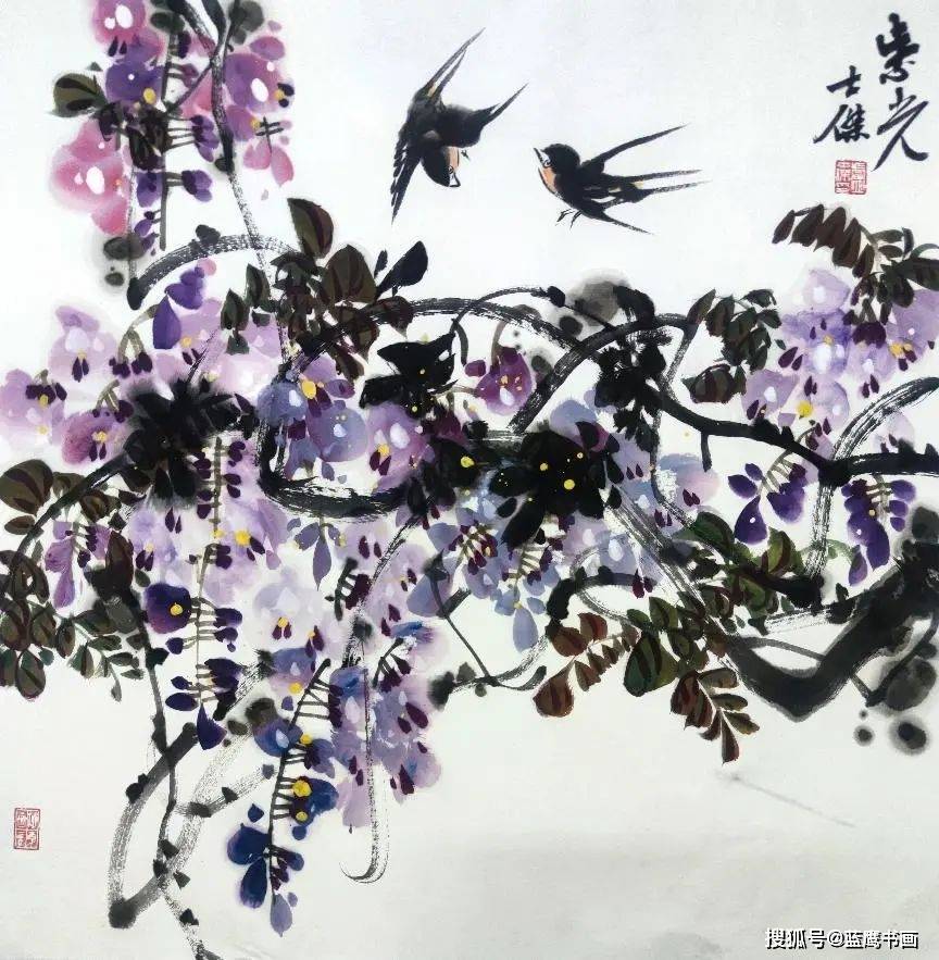 原创著名画家卢士杰花鸟画赏析花儿灿烂如烈焰君子之气随风飘