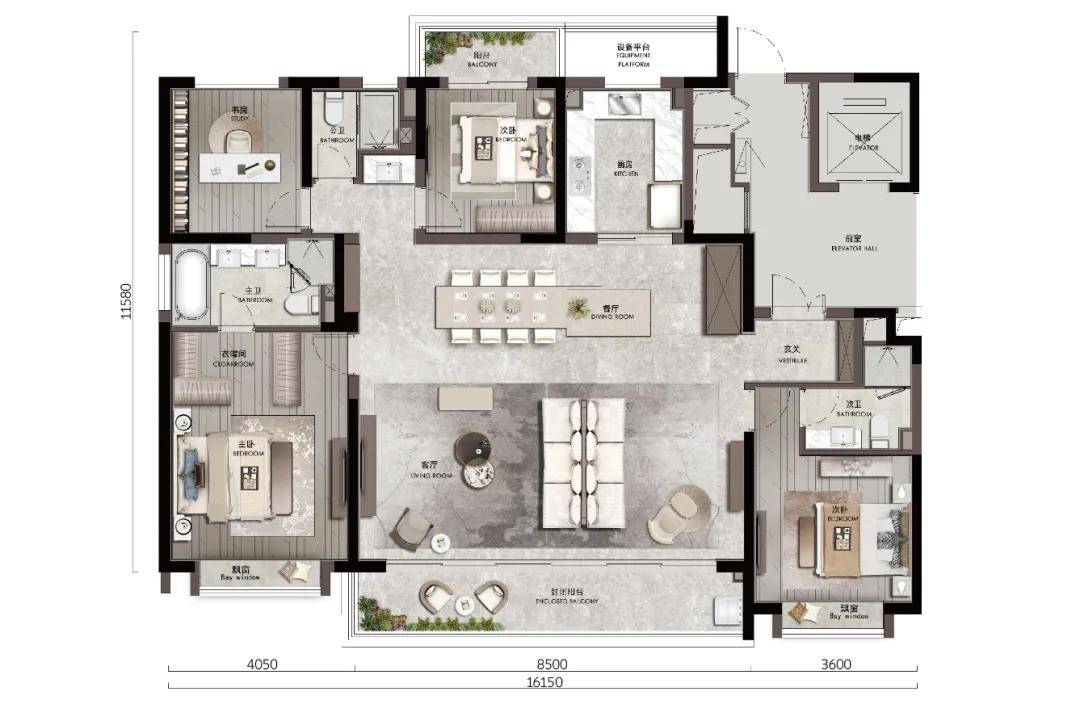 漾琚打造了建面约144-172-202㎡三款纯粹大宅户型,居住尺度更加奢阔