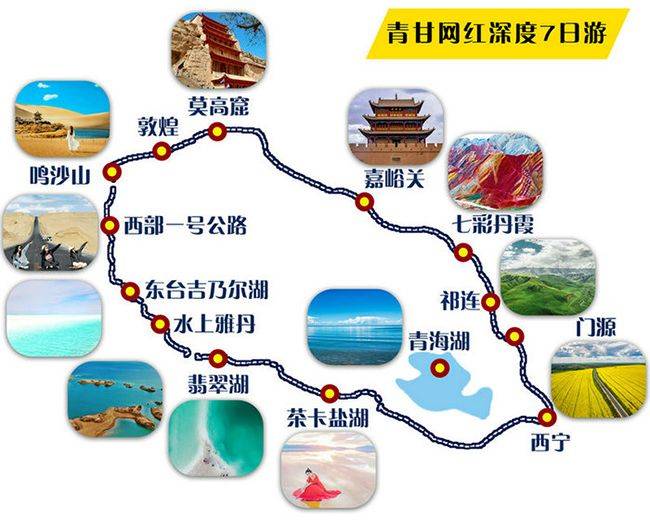 青甘大环线比较经典的景点有:青海湖,茶卡盐湖,莫高窟,塔尔寺,七彩