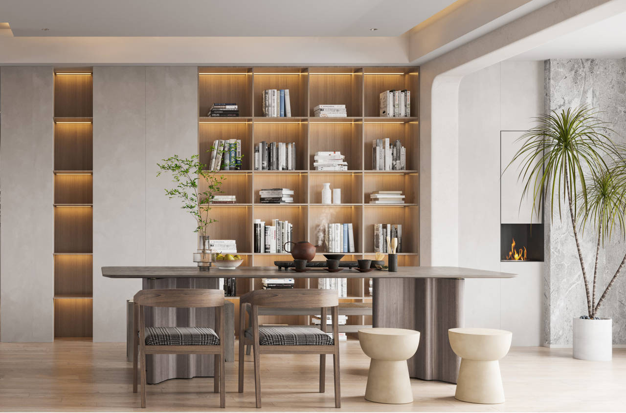 开放式的格子设计,方便拿书,书柜前放置了一张长书桌,家长和孩子可以