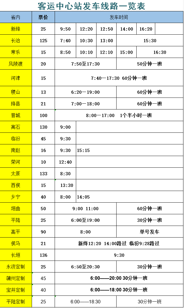 5月客运中心站最新发车时刻表