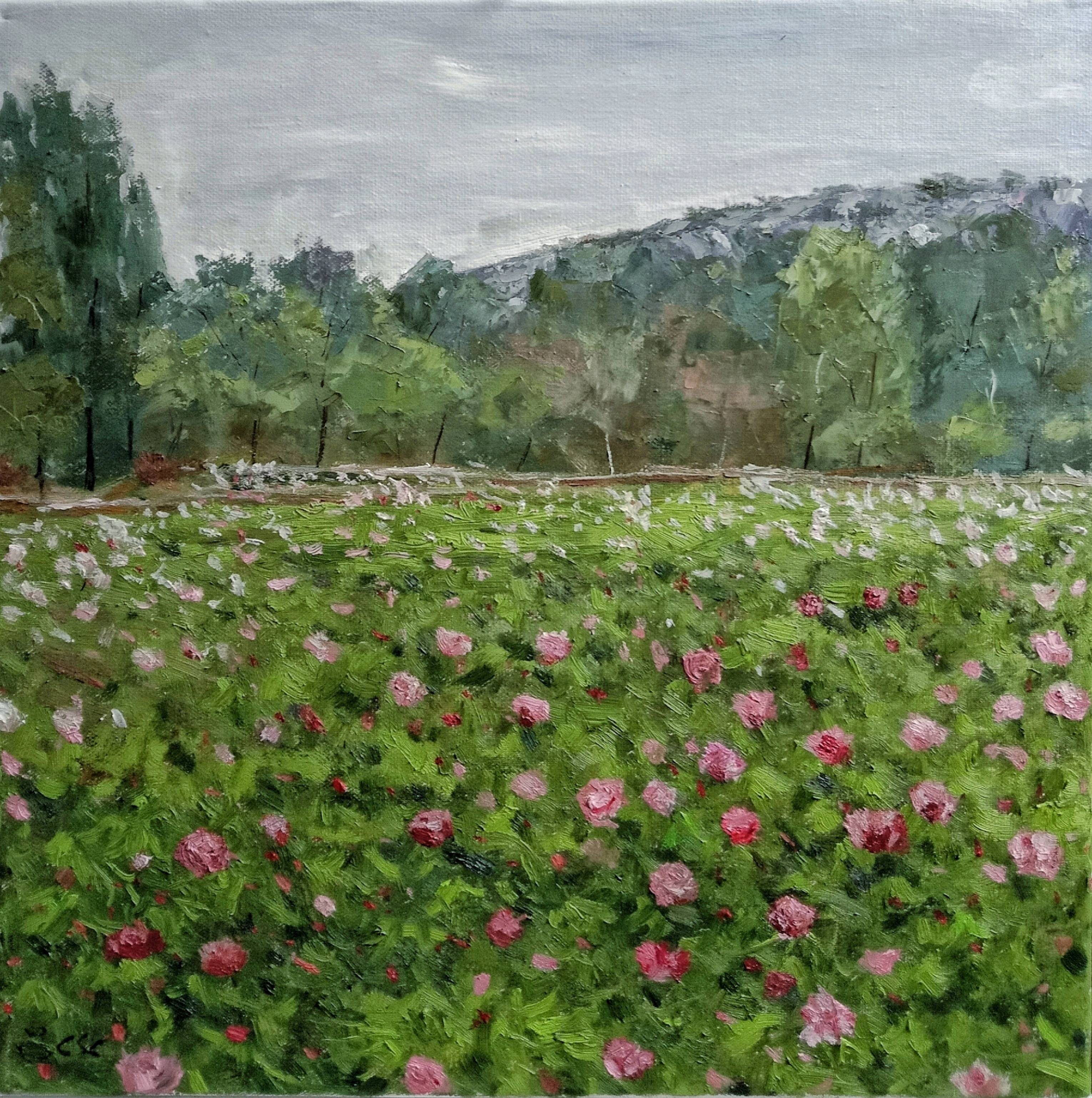 布面油画《麦田》布面油画《巍巍昌平山》布面丙烯《野蔷薇花开》