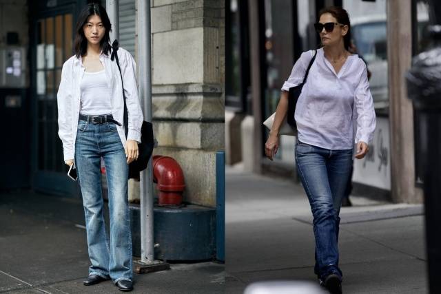 左右穿搭，或者浅蓝色牛仔裤+白衬衫经典的初夏搭配，简单又超级酷。