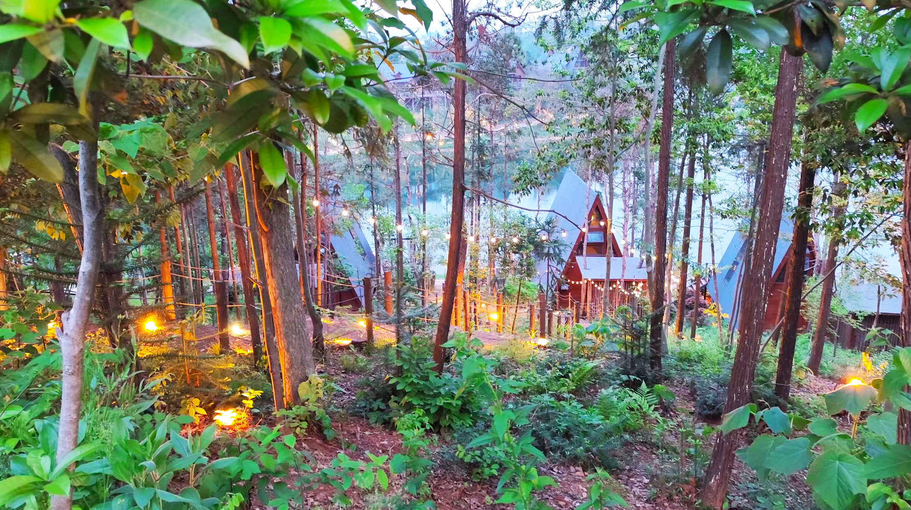 武汉黄陂木兰湖边有座民宿,帐篷和木屋建在山丘中,枕着星光入眠