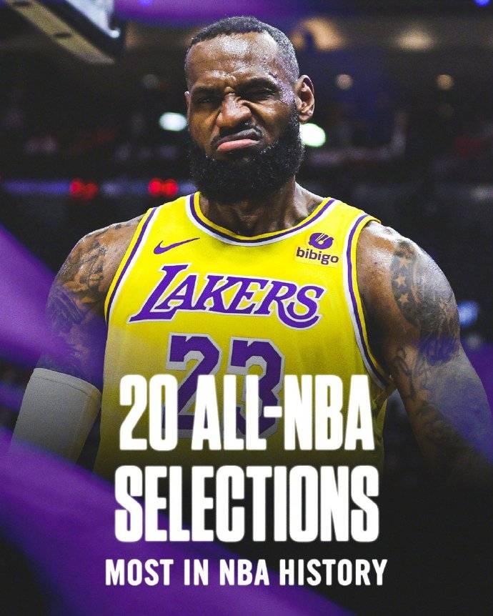 最年轻最年长都是他!詹姆斯生涯20次入选最佳阵容,而且连续20年