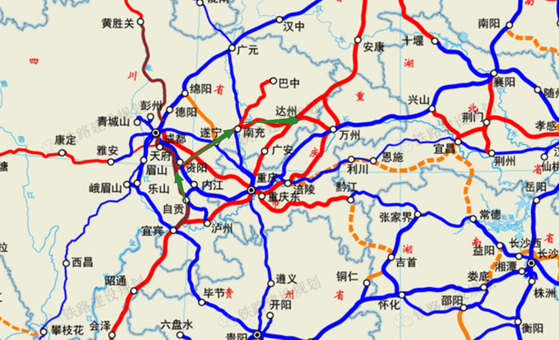 完全可以把成达万高铁理解为资阳至万州高铁,这样的线路就顺直了,就没