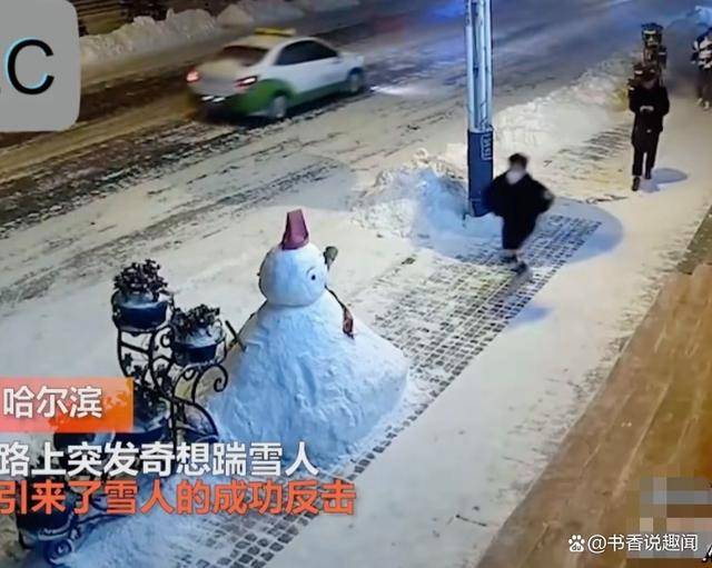 哈尔滨一男子踹飞路边雪人,下一秒被雪人反击,人倒地后悔
