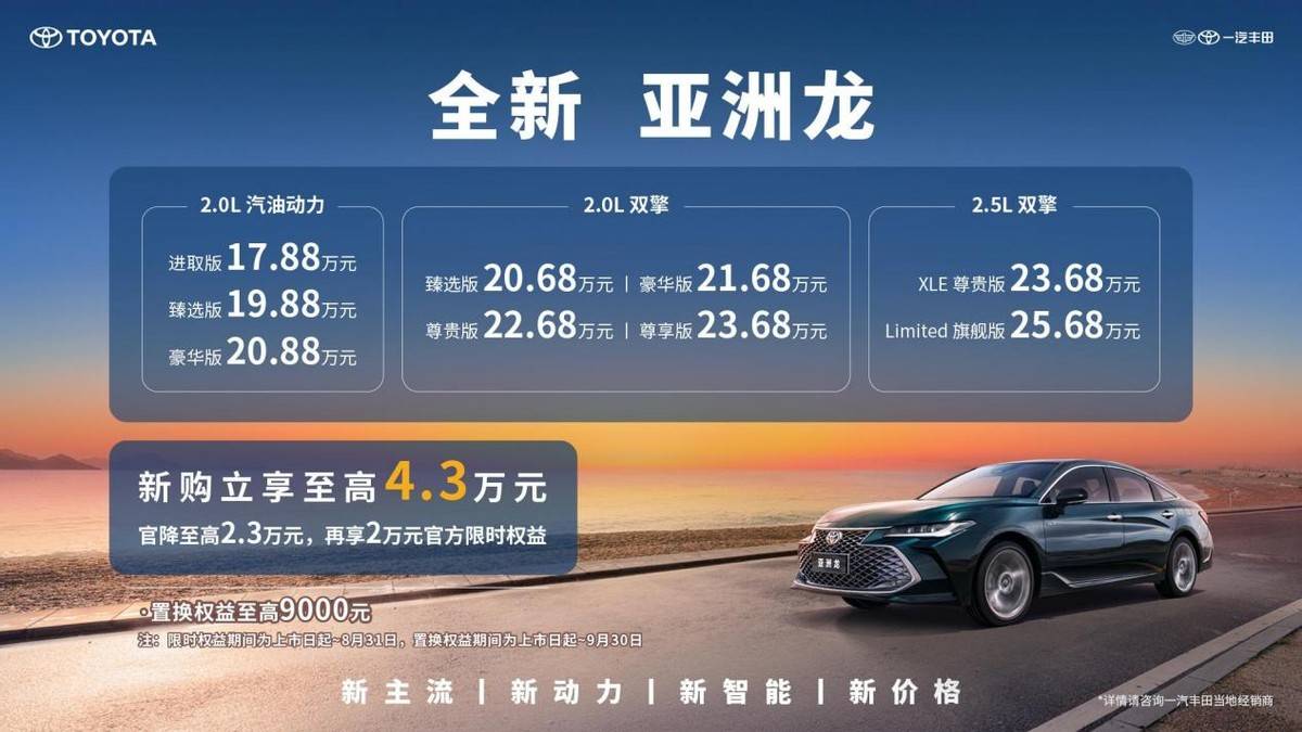 双前脸 8155芯片,新增2.0混动版本,全新亚洲龙上市