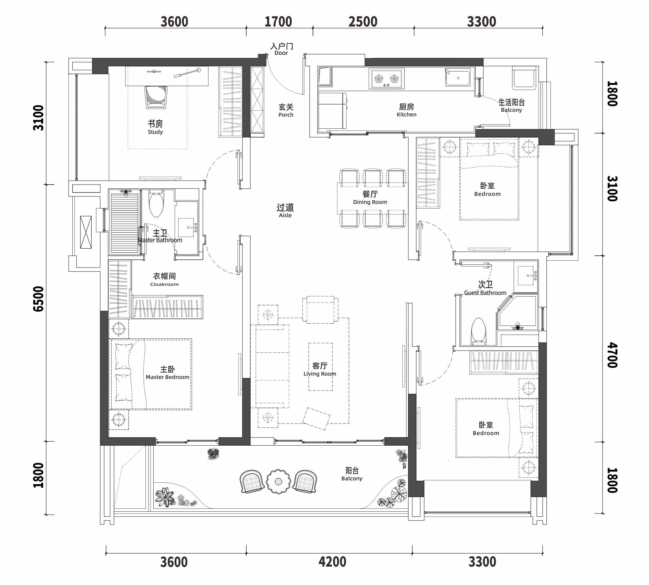 170平米四室户型图图片