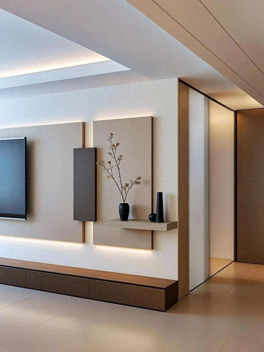 极简撞色 几何穿插,谁说电视墙一定要满墙柜?