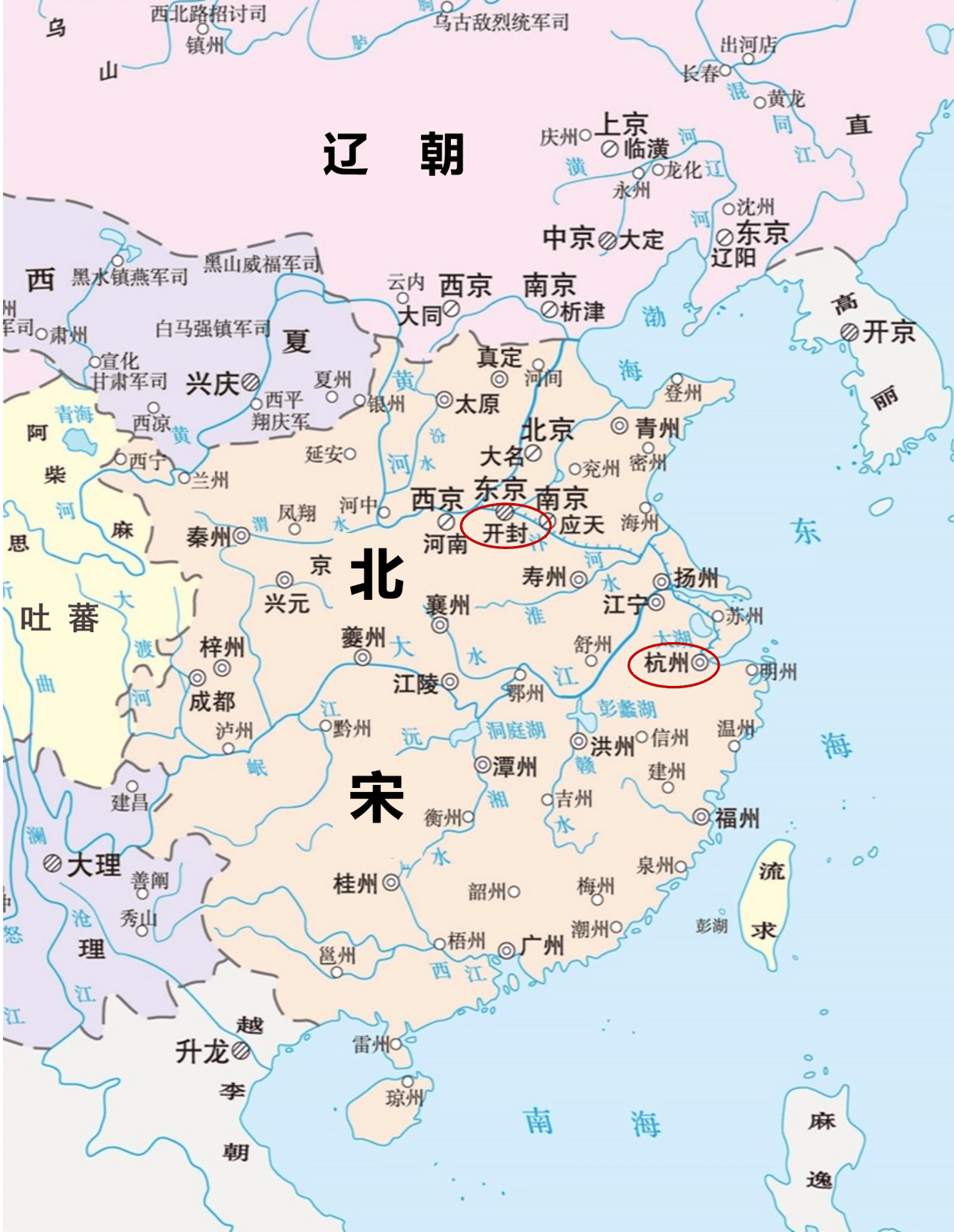 图:北宋地图960年,宋太祖赵匡胤陈桥兵变夺取帝位,定都开封,建立宋朝