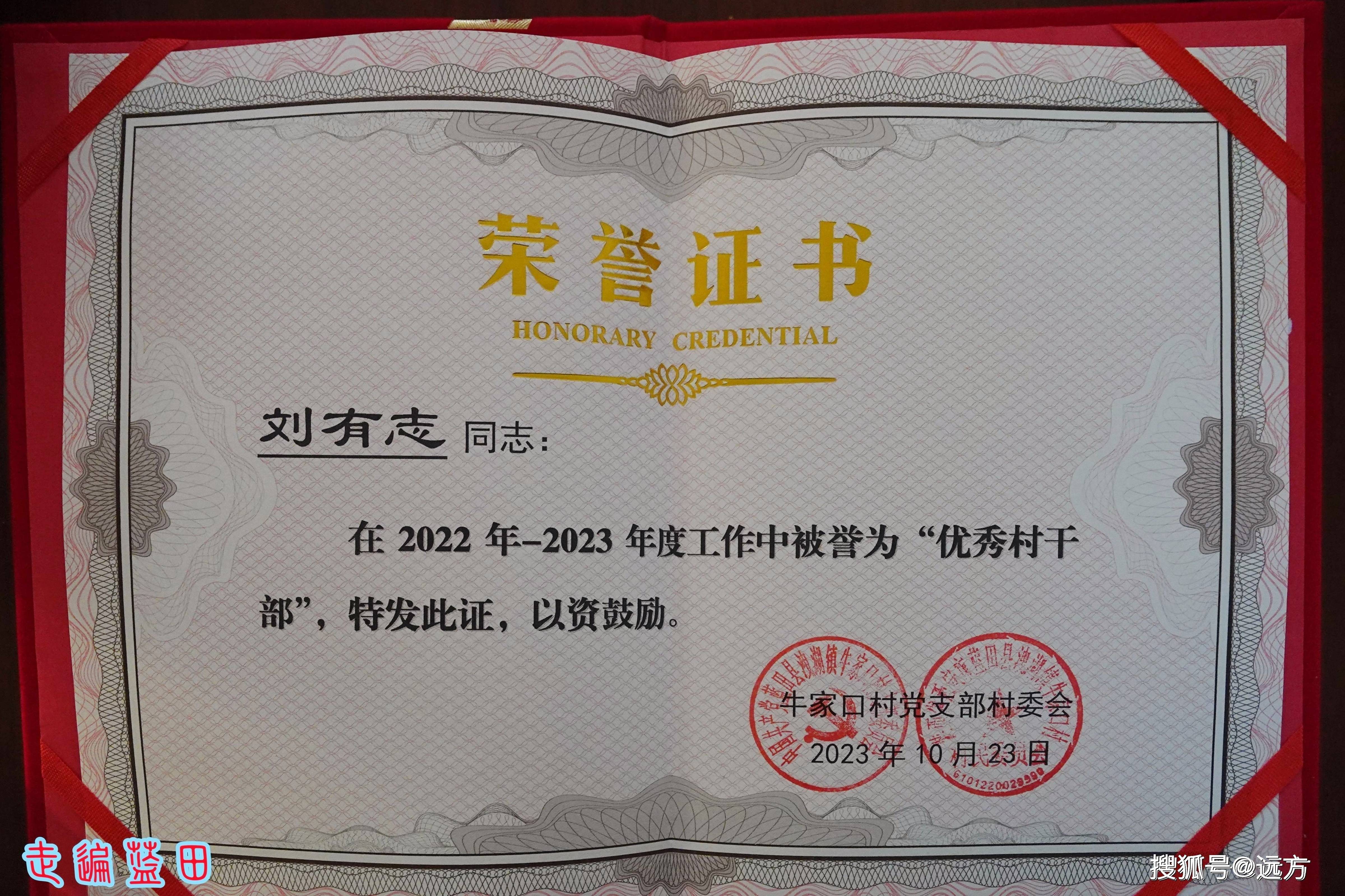 2019年,2021年连续被牛家口村党支部,村民委员会授予"优秀村干部"称号