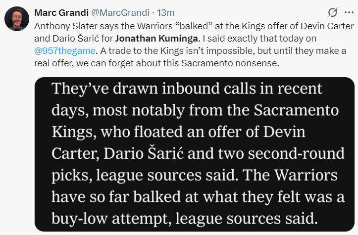 勇士对库明加的交易要价引发热议，六支球队纷纷追求