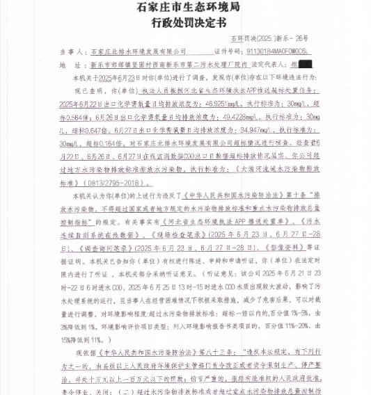 石家庄北排水环境发展有限公司超标排放再遭罚 被处32万罚款(图1)