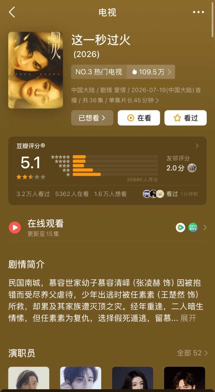 张凌赫新剧《这一秒过火》豆瓣开分5.1，差评占比超三成引热议
