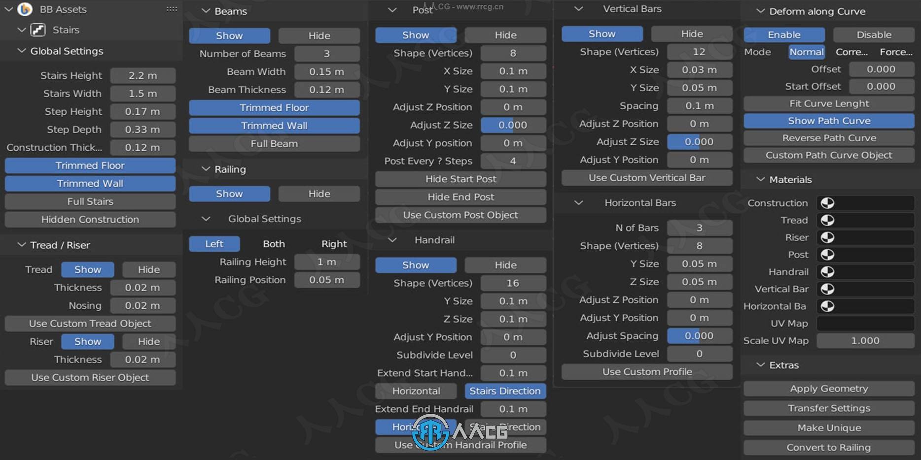 Stair Builder楼梯生成Blender插件V2.02版：几何节点程序化生成+参数可控