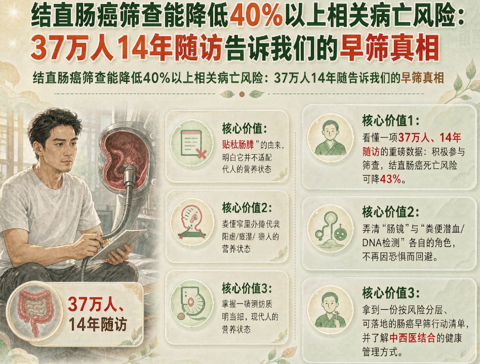 结直肠癌筛查能降低40%以上相关病亡风险：37万人14年随访告诉我们的早筛真相