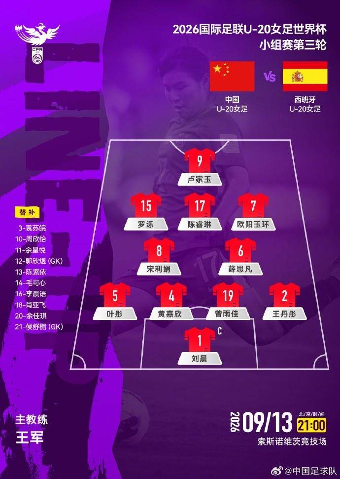 中国U20女足首发公布：卢家玉首发，轮换阵容为淘汰赛演练B方案