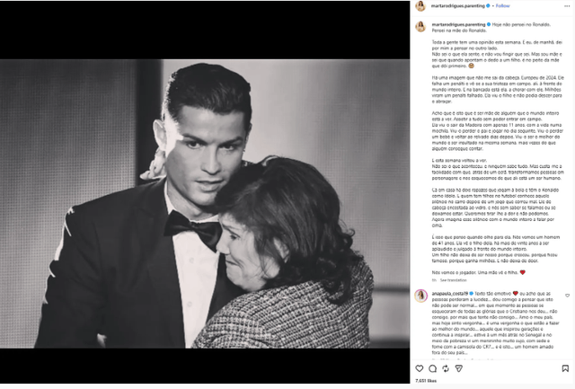 C罗母亲Instagram点赞帖子：母亲永远会心疼她被谩骂的儿子
