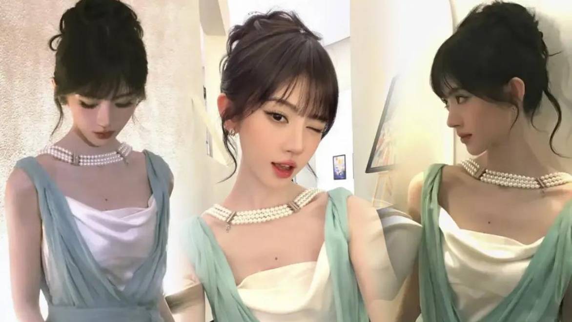 鞠婧祎穿薄荷绿纱裙珍珠项链，清雅温婉贵气动人