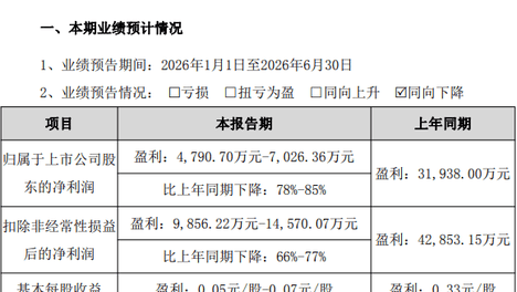 索菲亚发布2026年半年度业绩预告 净利润预降78%至85%