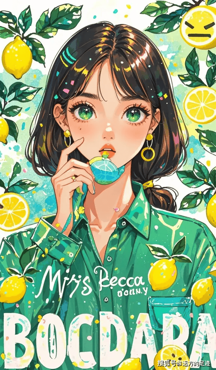 穿着绿色衬衫的柠檬少女卡通插画