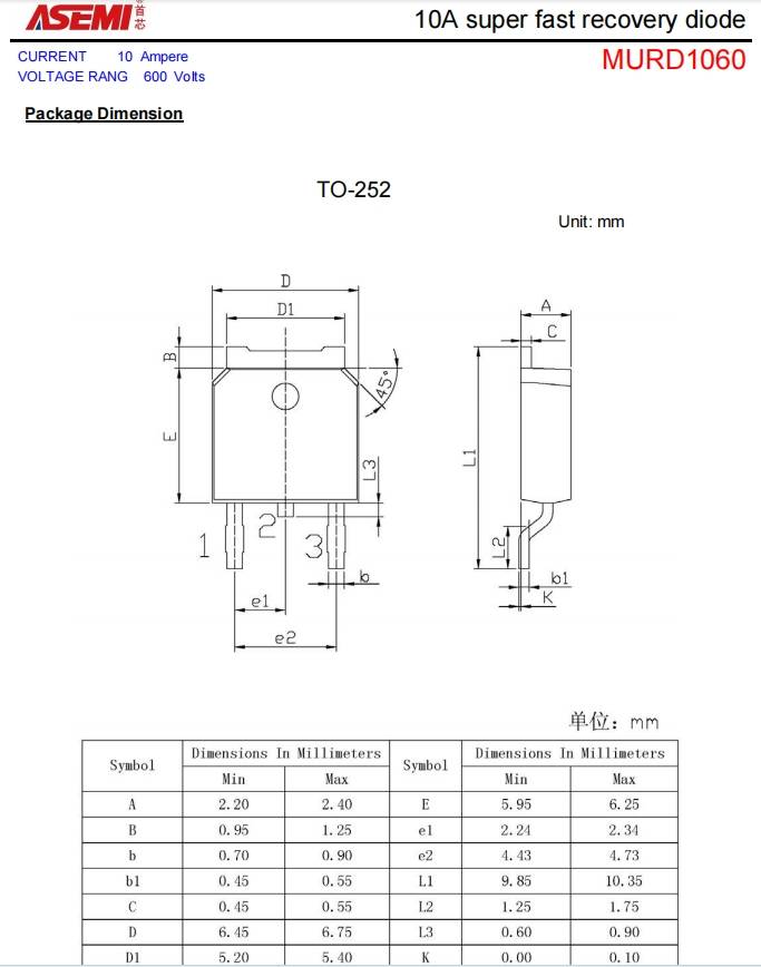 murd1060-asemi快恢復to-252封裝二極管murd1060_ns_電壓_產品