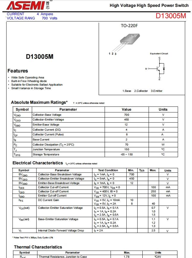 d13005m-asemi节能灯专用三极管d13005m_电压_电流_整流