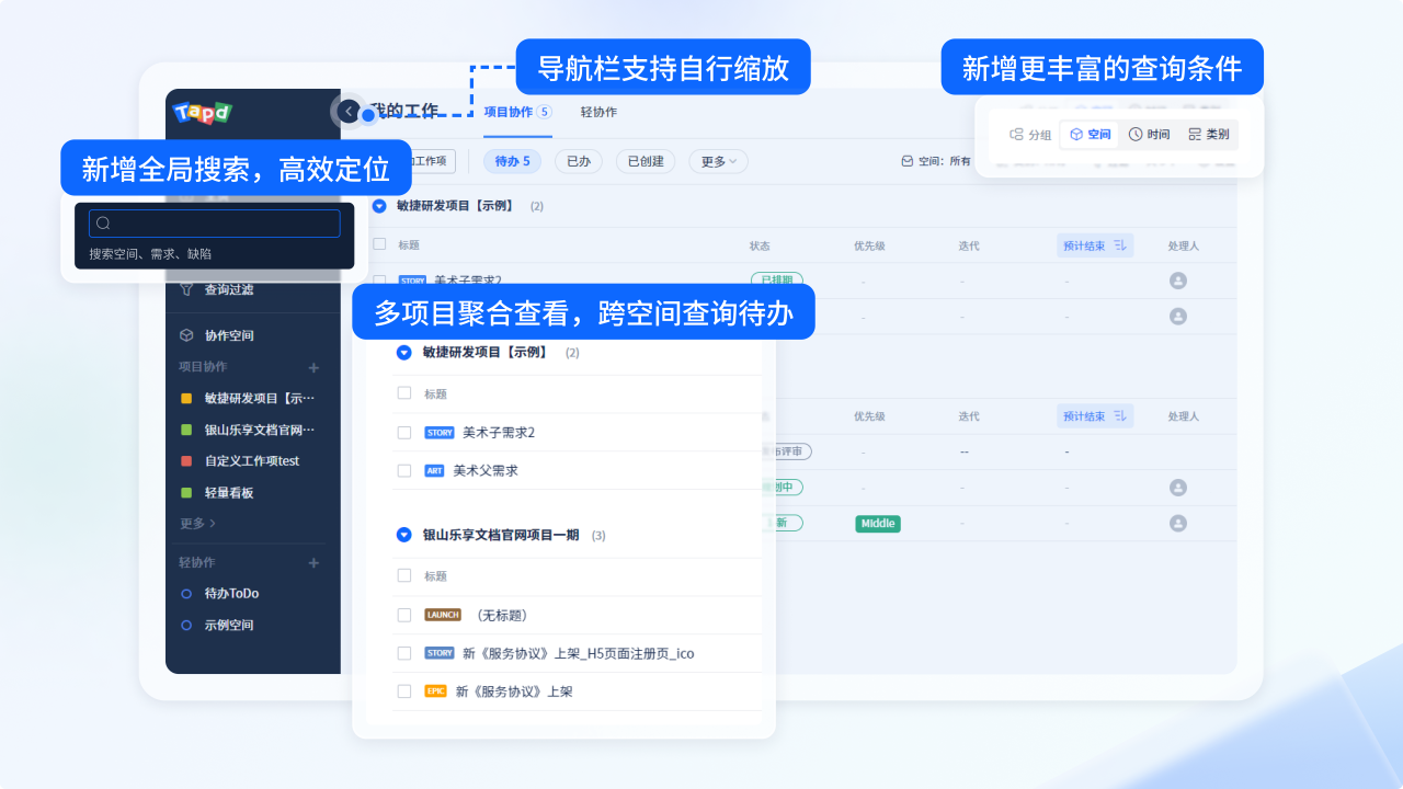「新个人工作台」增加空间,时间,类型分组查询功能.