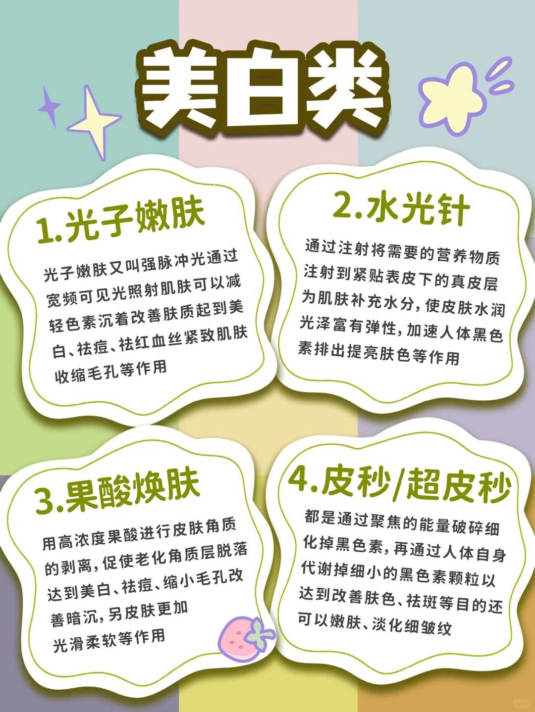 减轻色素沉着改善肤质,起到美白祛痘,紧致肌肤等作用水光针: 通过注射