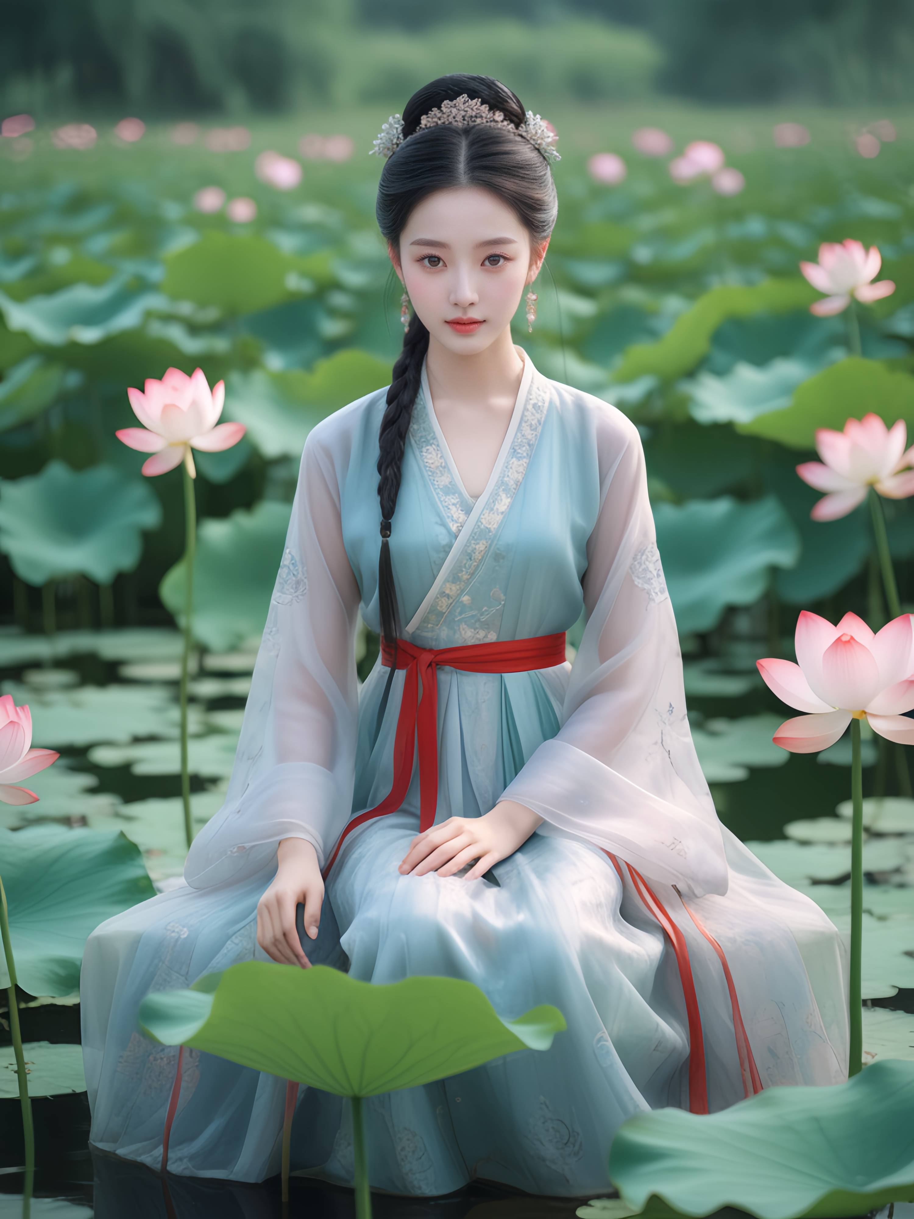 画中仙子汉服美人荷花池边的绝美邂逅